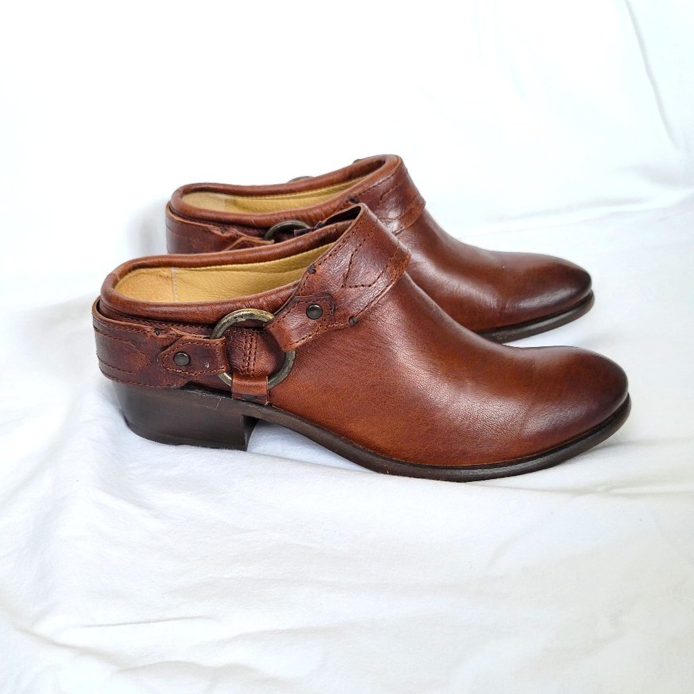 FRYE Carson Leather Harness Slip On Mules BROWN